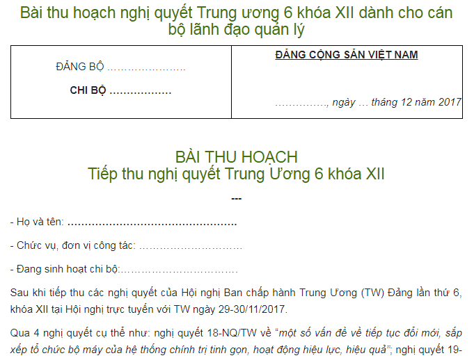 Tổng Hợp 20 Mẫu Bài Thu Hoạch Nghị Quyết Trung Ương 6 Khoá 12 - GIÚP BẠN